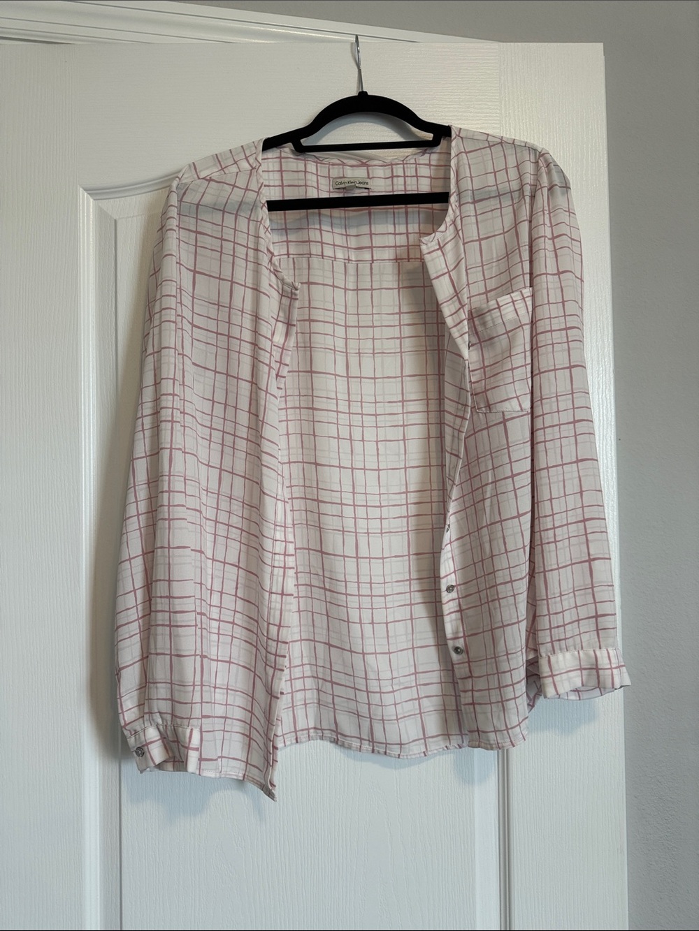 Calvin Klein Jeans Cream Button-Down Shirt with Pink Windowpane Plaid